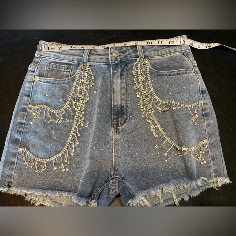 Rhinestone Fringe High-Rise Denim Shorts - Blue size Medium NWT